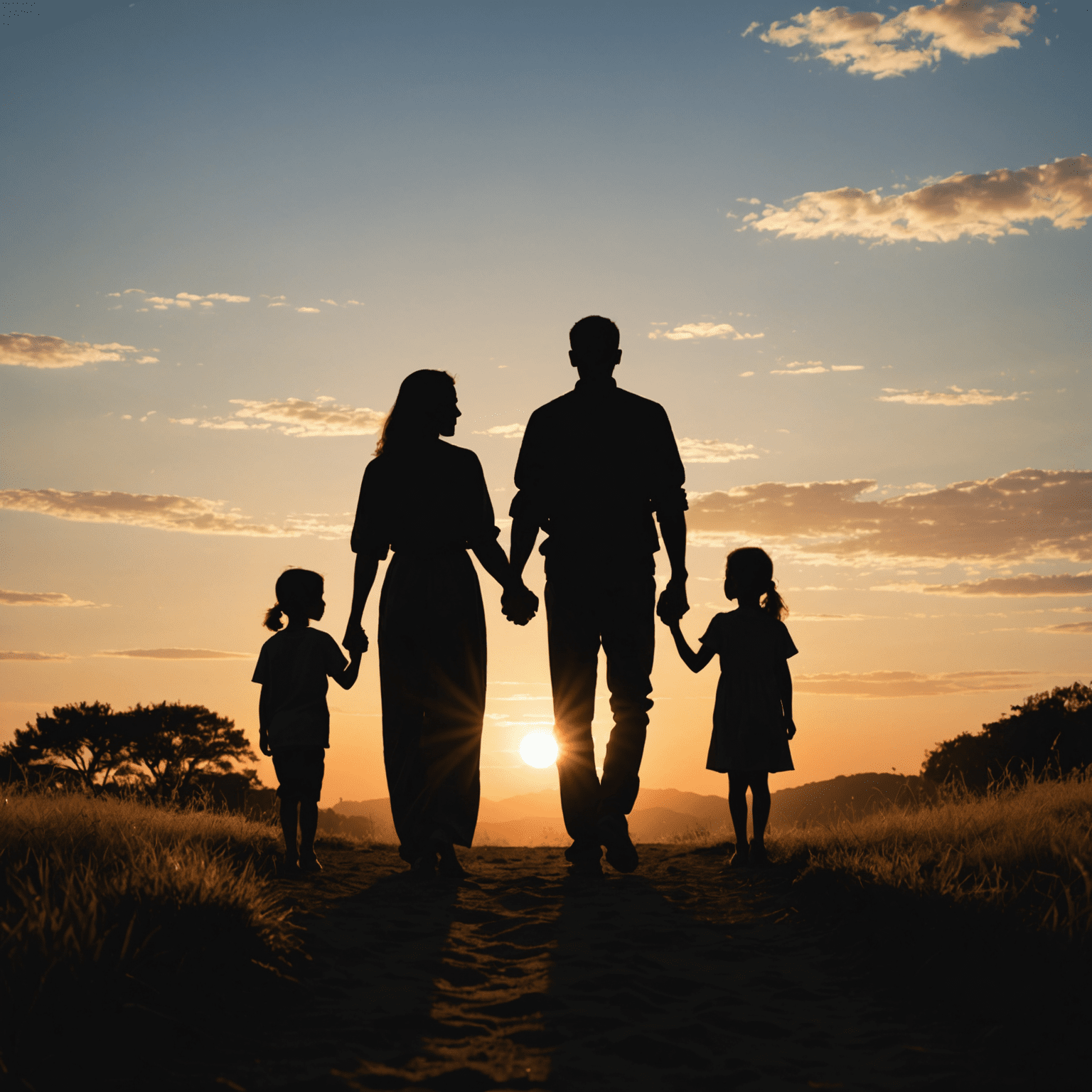 A serene image representing family mediation, showing silhouettes of a family holding hands with a sunrise in the background, symbolizing new beginnings and hope