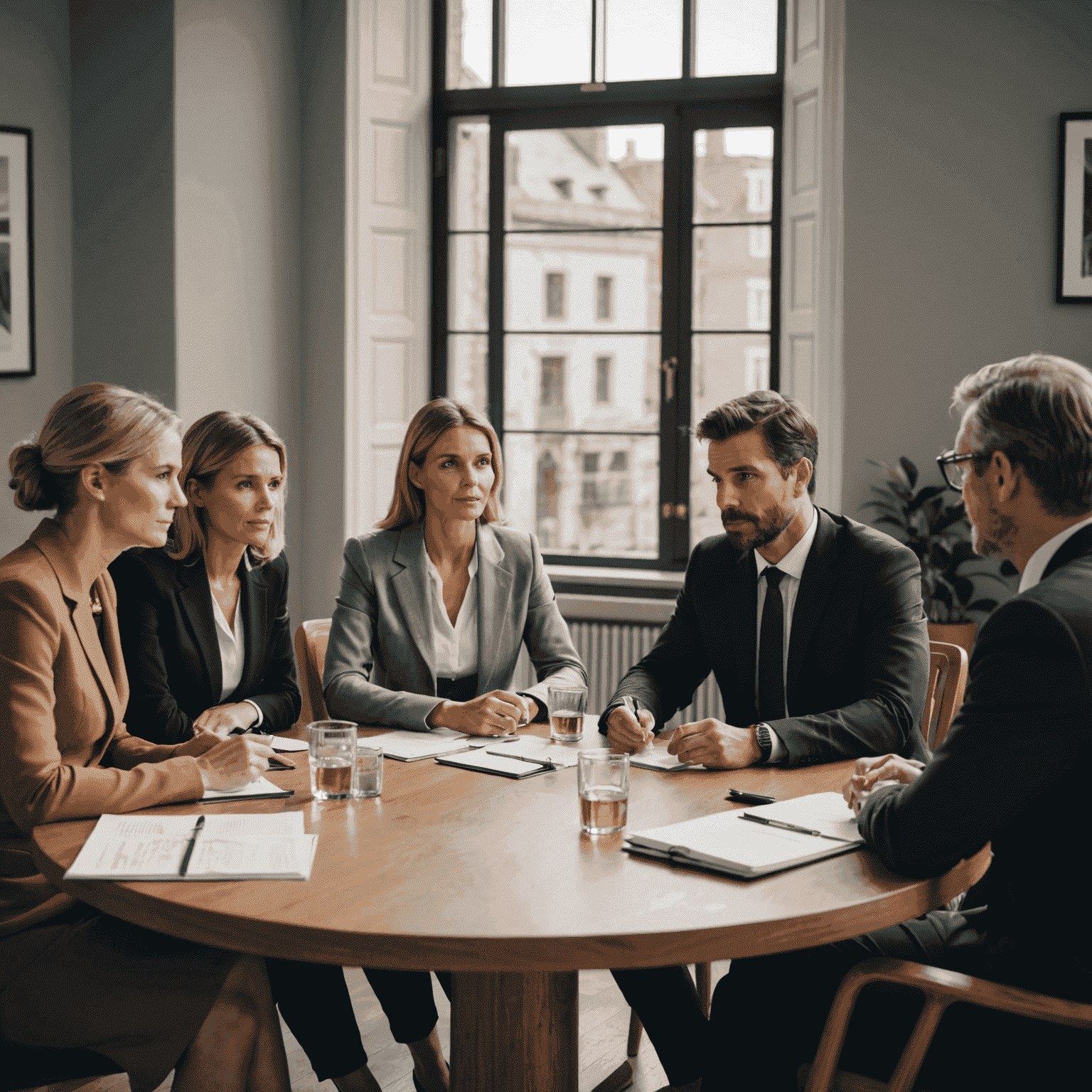 A group of people sitting around a table, discussing amicably. The image represents a collaborative divorce process with lawyers and mediators working together with the divorcing couple.