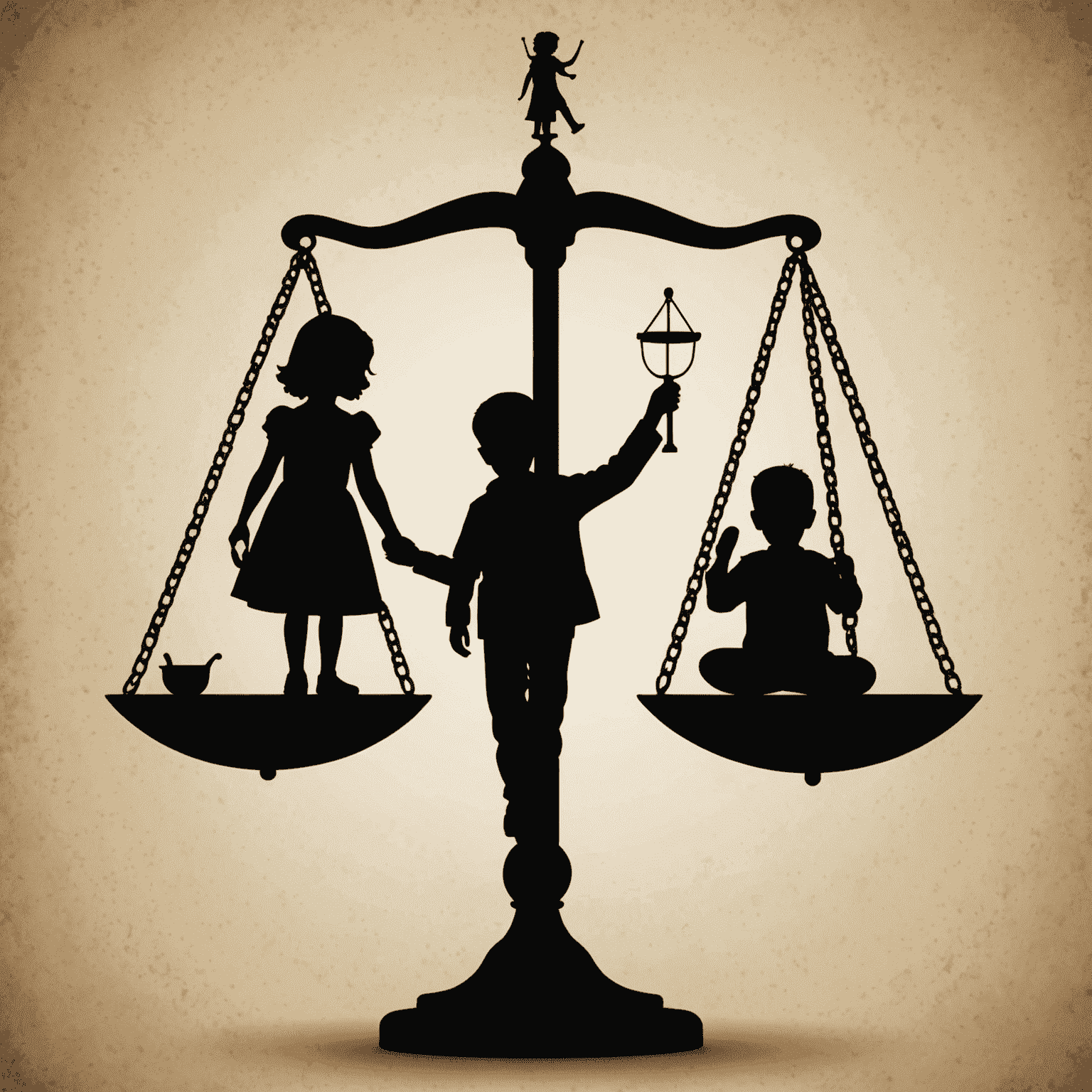 A balanced scale symbolizing fair child custody agreements, with silhouettes of a child, mother, and father on each side