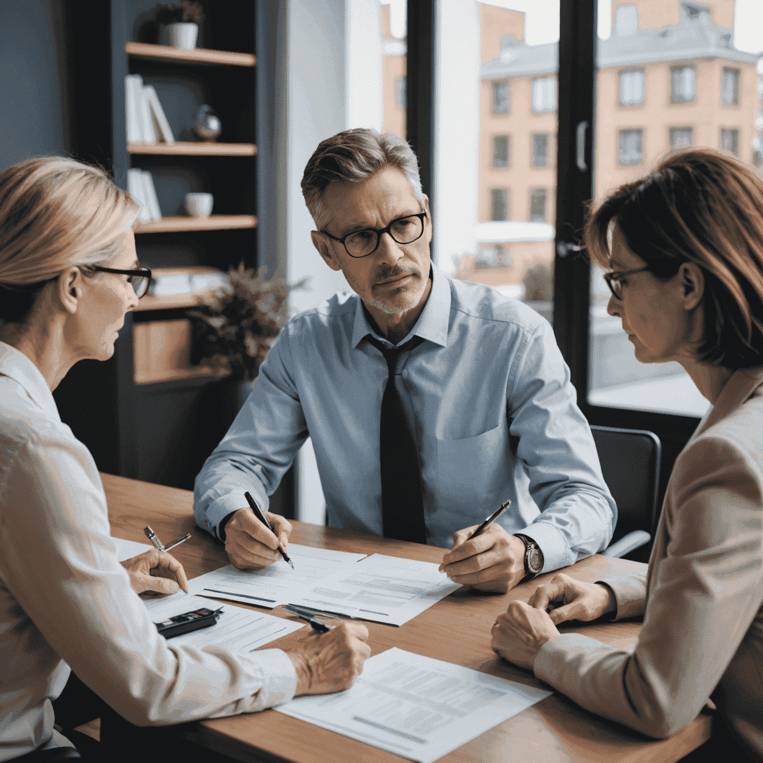 A professional mediator discussing financial documents with a divorcing couple, illustrating the complexity of asset division in divorce mediation