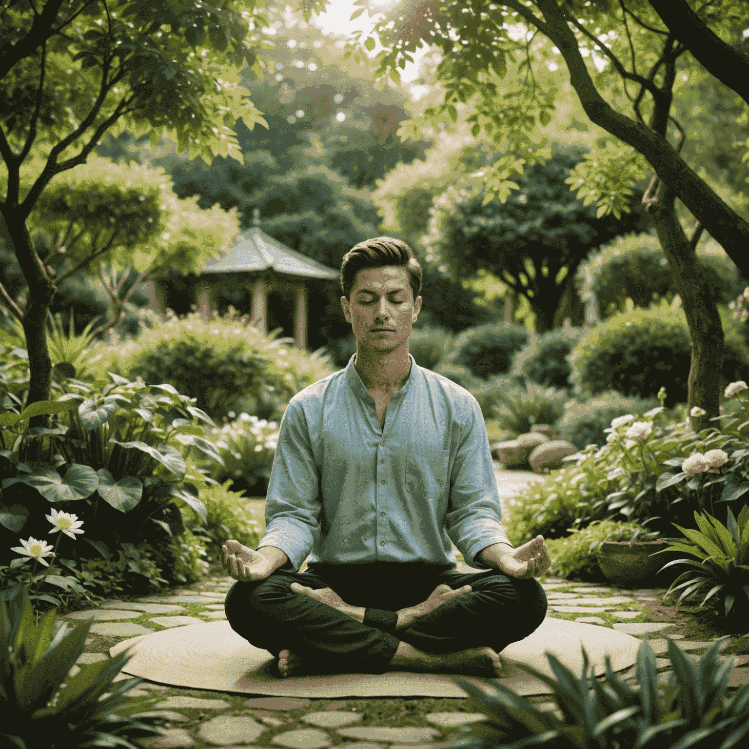 A person meditating in a peaceful garden, symbolizing self-care and tranquility during stressful times